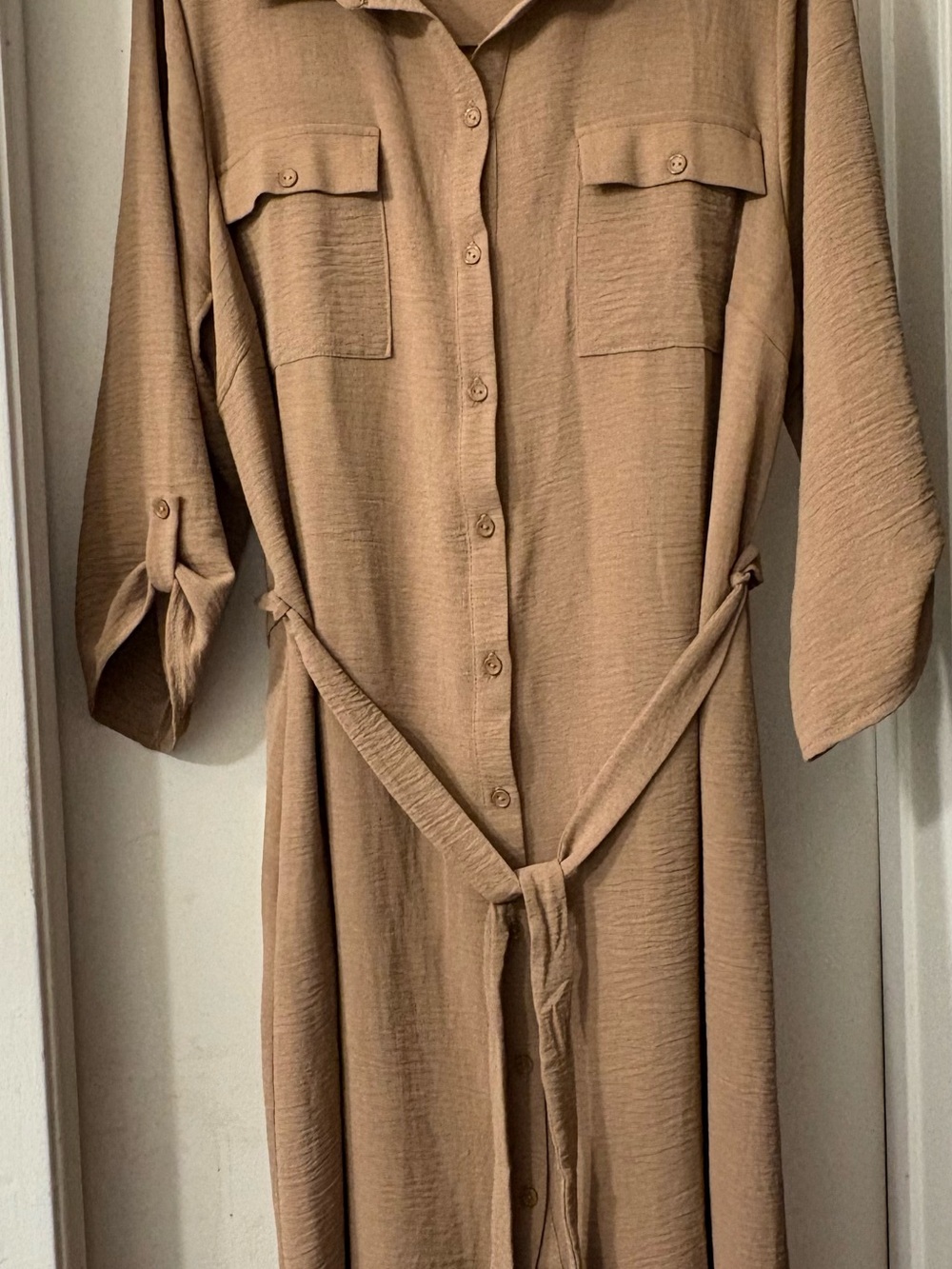 NAIF Tan Button-Front Midi Dress with Self Tie Belt-XL